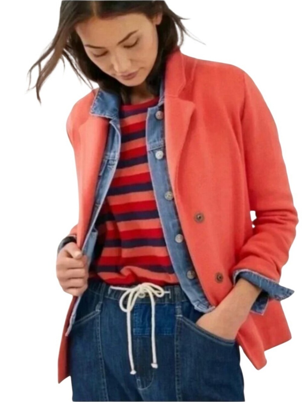 Maeve by Anthropologie knit Sweater Blazer in Corral preppy coastal fall